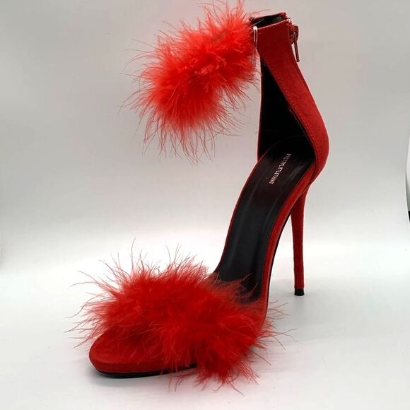 PrettyLittleThing NWTs Red Feathered High Heel Strappy Sandals Size 6 - Picture 2 of 10